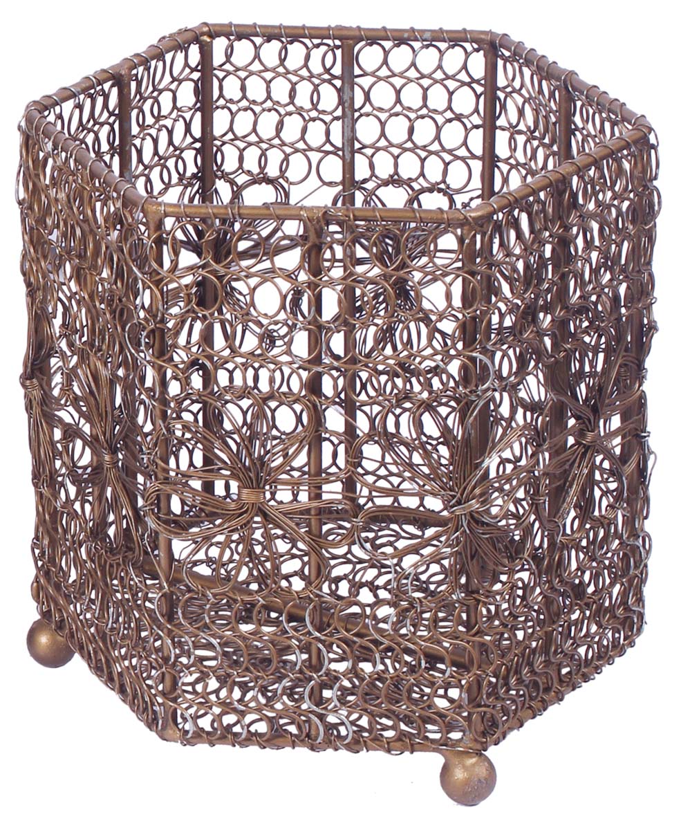 7” Hexagonal Tea-Light Holder / Candle Stand in Wire Mesh with Floral Pattern - Bronze Color - Antique-Look Home Decor - Buy in Bulk Wholesale